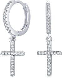 wholesale 925 Sterling Silver Cross Pendant Huggie Hoop Earrings for Women Men Minimalist Fine  4cm Long-04-CZ Cross Earrings(White Gold )