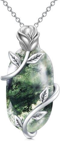 wholesale Sterling Silver Rose Flower Necklace with Gemstone Dainty Pendant Jewelry for Women Mom Mother s Day Birthday Gift-Moss Agate