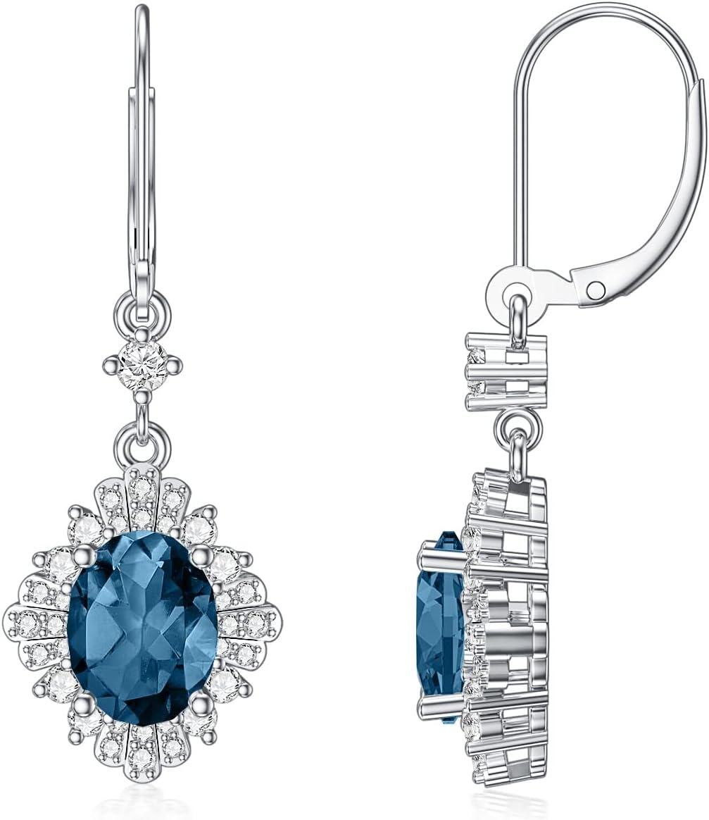 14K White Gold Plated Sterling Silver Genuine Gemstone Oval Cut 9x7mm Leverback Dangle Earrings-London Blue Blue