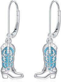 wholesale 925 Sterling Silver Turquoise Cowboy Boots Western Dangle Earrings for Women Girls Country s 4cm Long-Turquoise