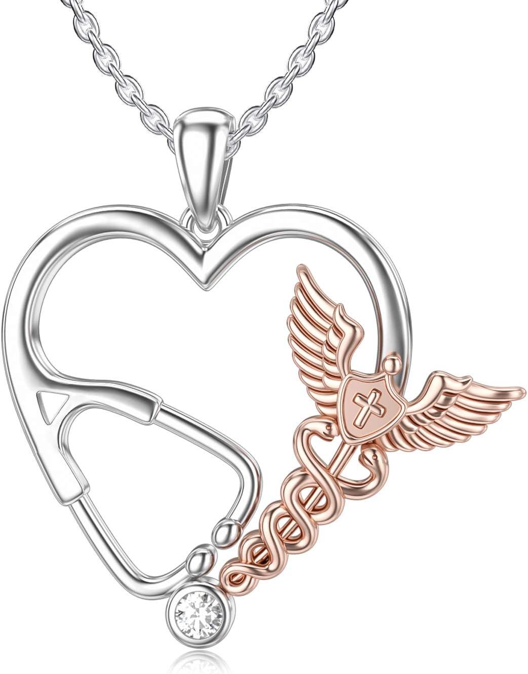 Sterling Silver Stethoscope Necklace w Angel Wings Cross Caduceus-0-0