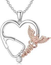 wholesale 925 Sterling Silver Heart-Shaped Stethoscope Pendant with Angel Wings and Caduceus Symbol-A-Caduceus
