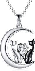 wholesale 925 Sterling Silver Crescent Moon with Cats and Heart Stone Pendant Necklace for Women-0-0