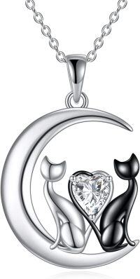 wholesale 925 Sterling Silver Crescent Moon with Cats and Heart Stone Pendant Necklace for Women-White Zircon