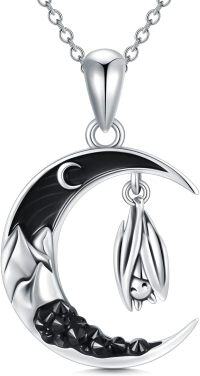 wholesale 925 Sterling Silver Crescent Moon with Hanging Bat Necklace Pendant-Bat