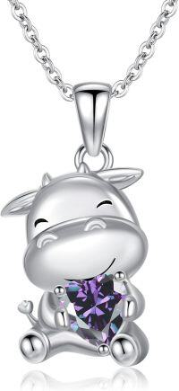 wholesale Sterling Silver 12 Month Birthstones Animals Necklace for Women Daughter (Axolotl Cow Pig Cat) Birthday Christmas Graduation Gift-02-02-Cow-Feb.-02-02-Cow-Feb.