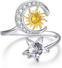 wholesale 925 Sterling Silver Sun Moon Ring with Cubic Zirconia, White & Yellow Gold Plated, Adjustable Size 6-10, Celestial Jewelry Gift-Sun