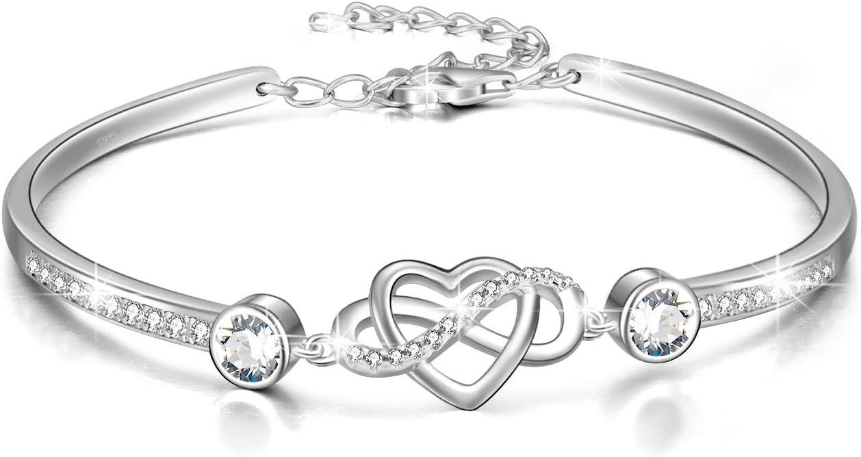 wholesale Sterling Silver Austrian Crystal Infinity Love Heart Bangle Bracelet Adjustable 6 8 Gift for Her-Apr. Simulated Diamond