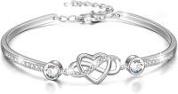 wholesale Sterling Silver Austrian Crystal Infinity Love Heart Bangle Bracelet Adjustable 6 8 Gift for Her-Apr. Simulated Diamond