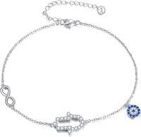 wholesale 925 Sterling Silver Evil Eye Hamsa Hand Anklet with CZs and Infinity Charm-hamsa hand