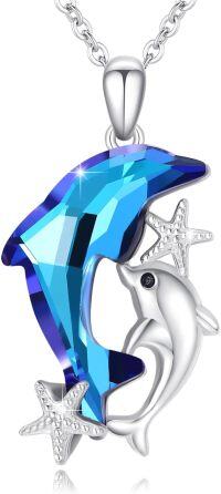 wholesale 925 Sterling Silver Blue Crystal Dolphin & Starfish Pendant Necklace for Women-Double dolphin starfish necklace