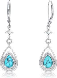 wholesale 925 Sterling Silver Turquoise Teardrop Dangle Earrings with CZ Accents-08-Turquoise
