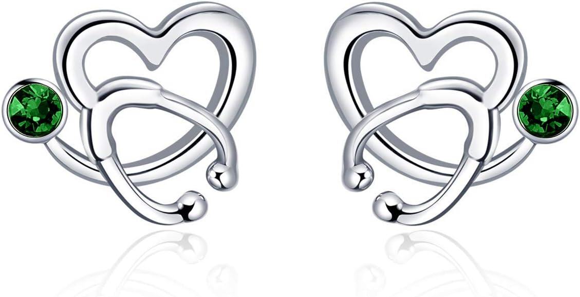Sterling Silver Austria Crystal Nurse Earrings Stethoscope Studs Graduation Gifts for RN Doctor Medical Student-Simualted Emerald