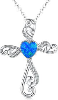 wholesale 925 Sterling Silver Blue Opal Heart Cross Pendant Necklace for Women Girls-Blue opal