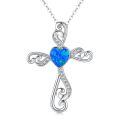 wholesale 925 Sterling Silver Platinum Plated Cross Pendant Necklace With Heart Shaped Blue Opal-0-0