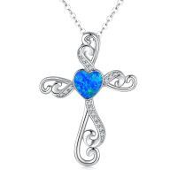 wholesale 925 Sterling Silver Blue Opal Heart Cross Necklace-Blue opal