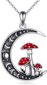 wholesale 925 Sterling Silver Red Enamel Mushroom Moon Pendant Necklace for Women-Moon Mushroom Necklace