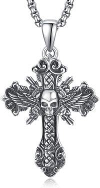 wholesale 925 Sterling Silver Skull Winged Cross Pendant Necklace  for Men & Women Gothic Religious Jewelry Baptism Gift-B-Skull Cross