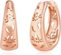 wholesale Rose Gold 925 Sterling Silver Floral Cutout Teardrop Huggie Hoop Earrings 24mm Diameter-Lotus Earring