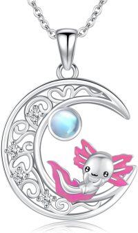 wholesale 925 Sterling Silver Moonstone Axolotl Pendant Necklace - Cute Animal s for Women-Pink