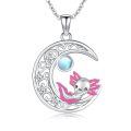 wholesale 925 Sterling Silver Axolotl Crescent Moon Pendant Necklace Pink Enamel Crystal Charm-0-0
