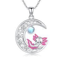 wholesale 925 Sterling Silver Axolotl Crescent Moon Pendant Necklace Pink Enamel Crystal Charm-Pink
