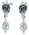 wholesale 925 Sterling Silver Black Rose Stud Dangle Earring with Crystal Drops - Gothic Punk Style Jewelry for Women-0-0