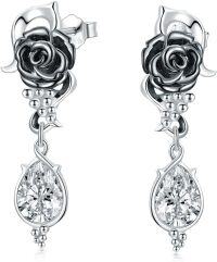 wholesale 925 Sterling Silver Black Rose Stud Dangle Earring with Crystal Drops - Gothic Punk Style Jewelry for Women-White Rose
