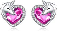 wholesale 925 Sterling Silver Crystal Unicorn Stud Earrings, Elegant Gift for Women-Rose Red