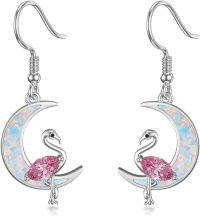 wholesale 925 Sterling Silver Pink Crystal Flamingo Crescent Moon Dangle Earrings for Women Girls Gift Idea-Silver