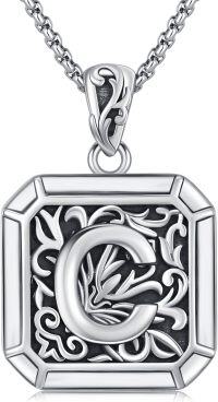 wholesale 925 Sterling Silver Square Initial Letter Necklace Unisex Retro Pendant Jewelry Gift-Initial C