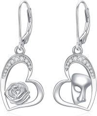 wholesale 925 Sterling Silver Heart-Shaped Rose & Skull Drop Earrings-Opera Mask