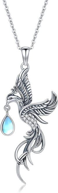 wholesale 925 Sterling Silver 925 Blue Opal Phoenix Pendant Necklace w/Cubic Zirconia & Chain Giftboxed-Phoenix