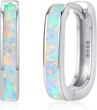 wholesale 925 Sterling Silver White Opal Huggie Earrings for Women, Lucky Stone Hoops, Hypoallergenic Square Design, Sparkling Gift-Square - White Opal