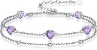 wholesale 925 Sterling Silver & 5A Cubic Zirconia Heart Charm Bracelet - Elegant Double Strand Design, February Birthstone Gift for Women-02-Feb.-Amethyst