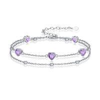wholesale 925 Sterling Silver & 5A Cubic Zirconia Heart Charm Bracelet - Elegant Double Strand Design, February Birthstone Gift for Women-02-Feb.-Amethyst