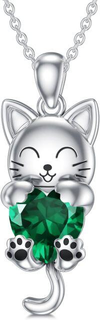 wholesale 925 Sterling Silver Birthstone Cat Pendant Necklace for Women-May(Emerald)