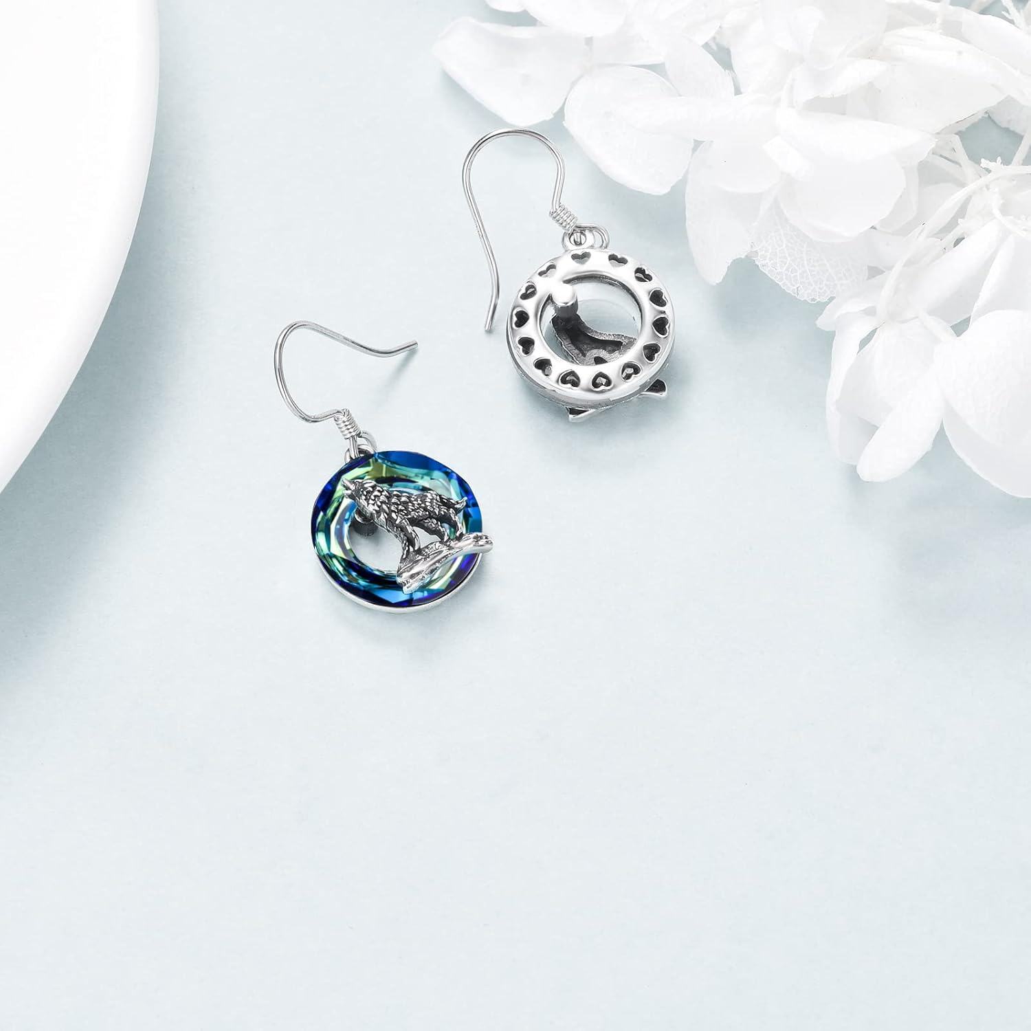 Sterling Silver Moon Stone Norse Celtic Wolf Dangle Drop Earrings-0-3
