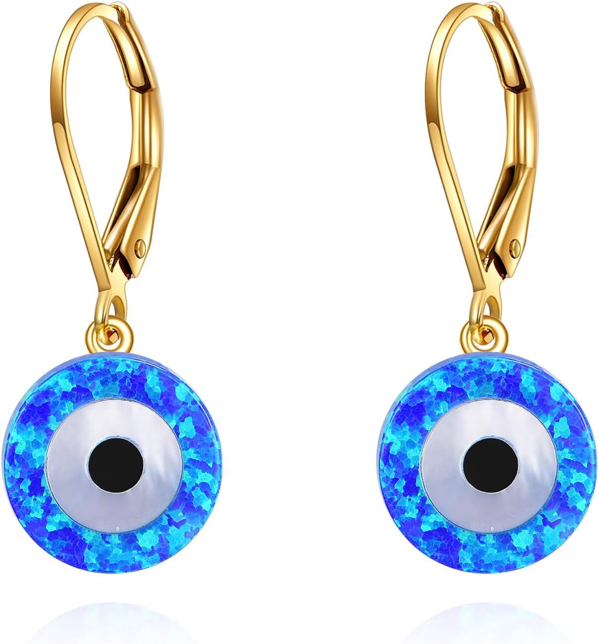 wholesale 14K Gold Blue Opal Evil Eye Leverback Earrings-0-0