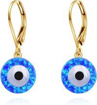 wholesale 14K Gold Blue Opal Evil Eye Leverback Earrings-Evil Eye