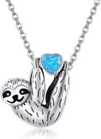 wholesale Sterling Silver Stone Cute Sloth Pendant Necklace for Women Girls Gifts-blue opal sloth