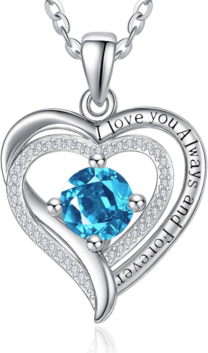 Sterling Silver White Gold Heart Pendant Necklace w Birthstone for Women-12-Dec