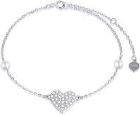 wholesale 14K Gold 925 Diamond & Pearl Heart Anklet for Women - Adjustable Size-White Gold