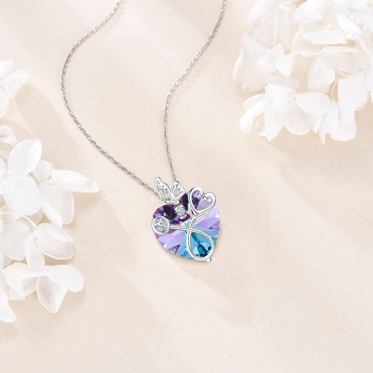wholesale 925 Sterling Silver Purple Crystal Butterfly Heart Stethoscope Pendant Necklace for Nurses Doctors Gifts-0-4