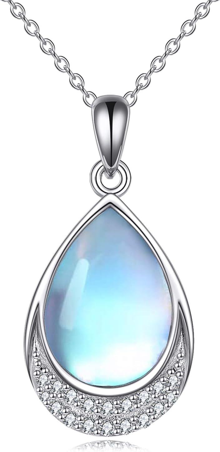 Sterling Silver Moonstone Filigree Teardrop Pendant Necklace for Women-V-Cubic Zirconia Moonstone Necklace