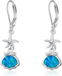 wholesale 925 Sterling Silver Blue Opal Starfish Shell Drop Dangle Earrings Sea Beach Ocean  for Women Girls-Shell