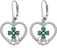 wholesale 925 Sterling Silver Green Enamel Four-Leaf Clover Drop Earrings Irish Claddagh  for Women Girls-Claddagh Clover