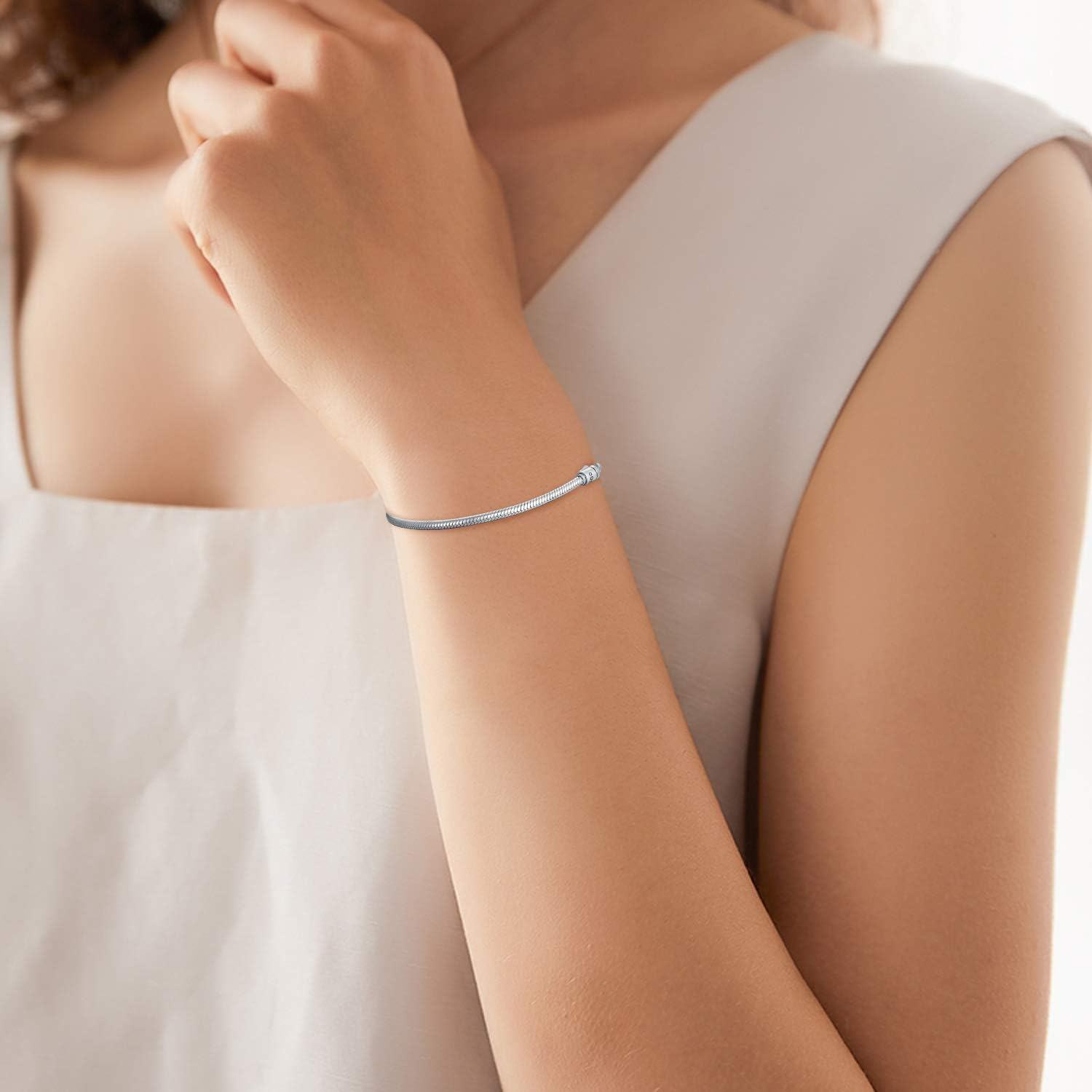925 Sterling Silver Snake Chain Slide Lock Adjustable Length Snakeskin Beads Bracelet for Women's s-0-4