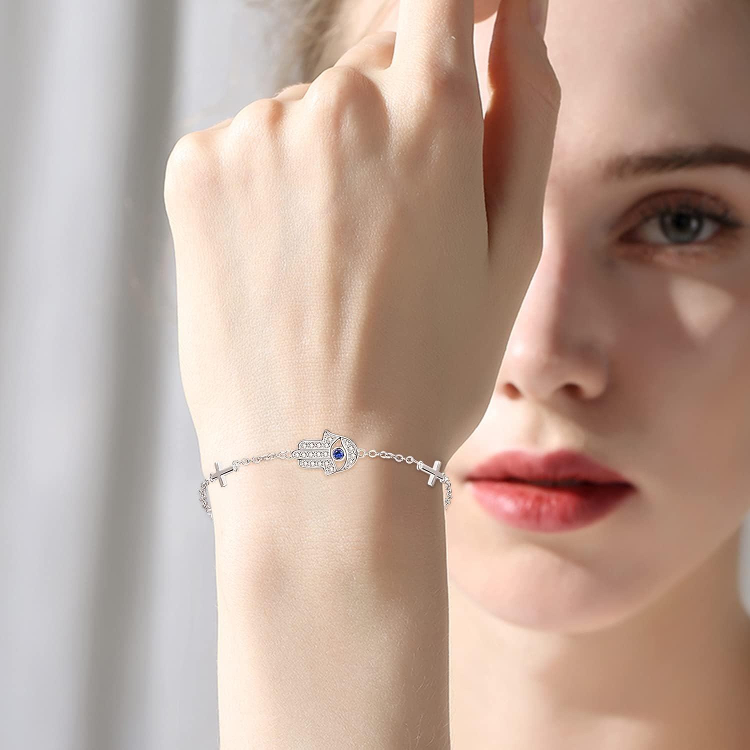 wholesale 925 Sterling Silver Metal Stone Evil Eye Cross Hamsa Hand Protection Bracelet-0-4
