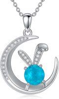 wholesale 925 Sterling Silver Moon & Bunny Pendant with Blue Stone and Cubic Zirconia Necklaces for Women-0-0